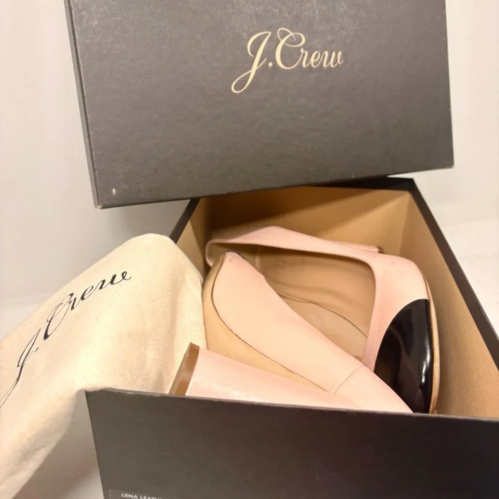 J. Crew Pink Leather Block‎ Heel Pumps with Black Cap Toe